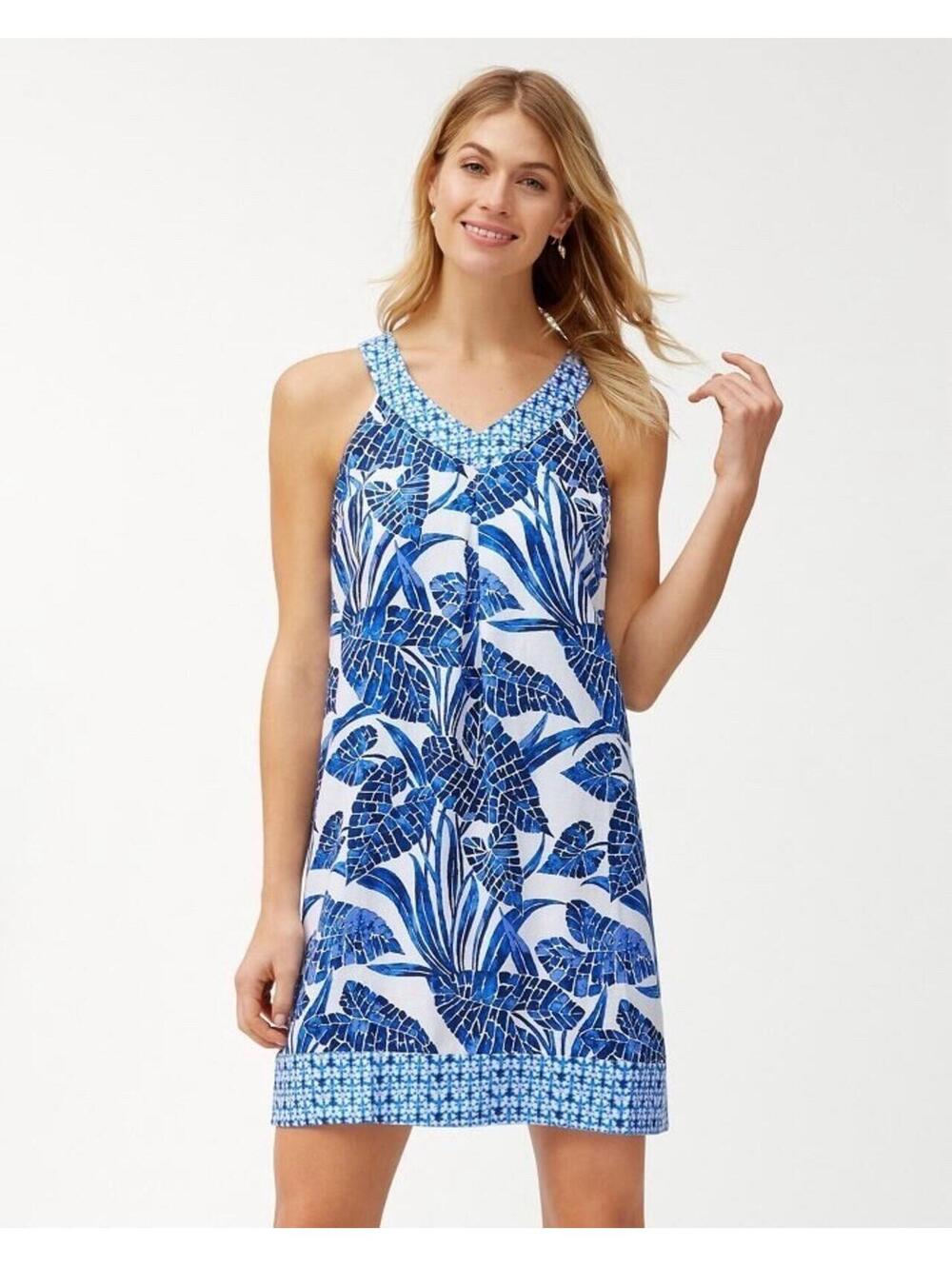 Tommy Bahama Women Mosaic Palm Linen Dress Size SMALL / V Neck / Blue Floral